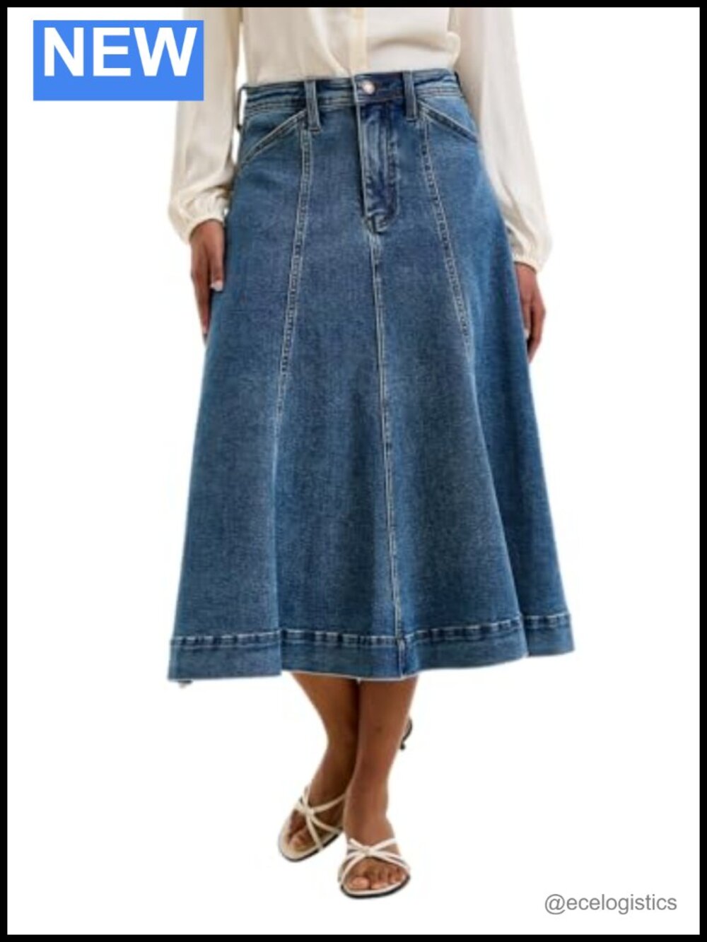 High Waisted Denim Skirt - Cotton Blend Button Front Midi